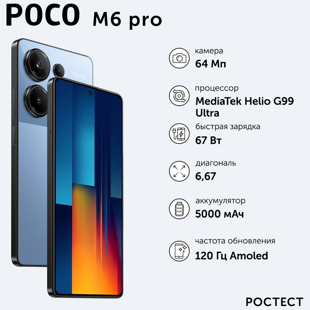 Смартфон POCO M6 Pro RU 8+256 N6P/Blue/6.67"FHD+/AMOLED/120Hz/MTK G99 Ultra/And13/64+8+2MP/16MP/microSD/5000mAh