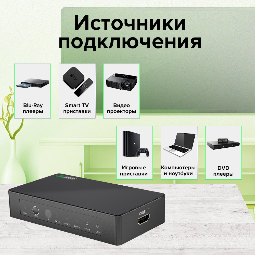 Переключатель HDMI 20 4 устройства к 1 монитору 4K60Hz 4:4:4 HDCP 22 (GCR-v401W2) черный