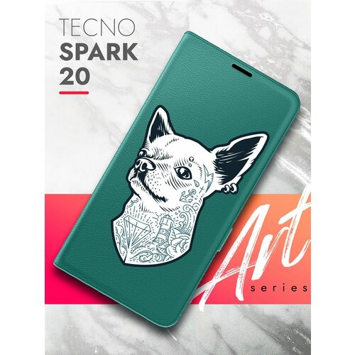 Чехол на Tecno Spark 20 (Техно Спарк 20) зеленый опал книжка эко-кожа с функцией подставки и магнитами Book Case, Brozo (принт) Собака с тату чехол на tecno spark 20 техно спарк 20 зеленый опал книжка эко кожа с функцией подставки и магнитами book case brozo принт корги шарики