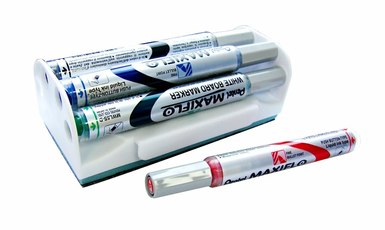 Маркеры Pentel "Maxiflo", для белых досок, 4 цвета, 4 мм, пулевидные, магнитная губка