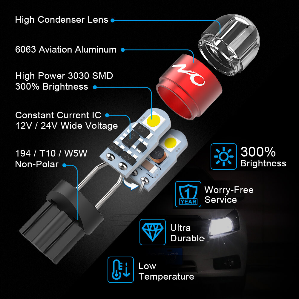 Светодиодная лампа NAOEVO T10 W5W цоколь W2.1x9.5d 2шт 6000К белый свет LED автомобильная