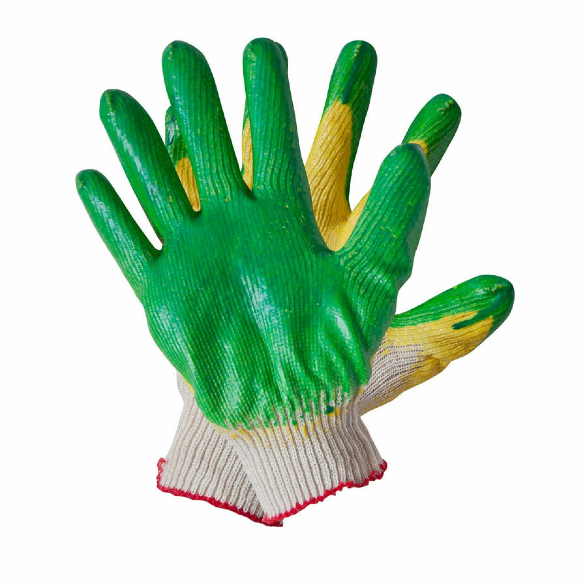 Перчатки рабочие , двойной латексный облив 10 пар, зеленые