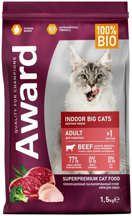 Сухой корм для кошек Award Indoor Big cats для крупных пород с говядиной и курицей с добавлением брокколи и юкки Шидигера 1.5кг