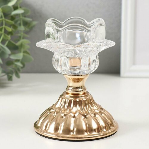 Подсвечник металл стекло на 1 свечу Ледяной цветок d5 см золото 8х8х12 см 2110₽