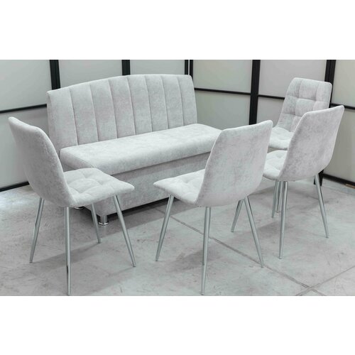 Кухонный диван Альт с 4-мя стульями, 120х56 см, обивка моющаяся, антивандальная, антикоготь, цвет - светло-серый.