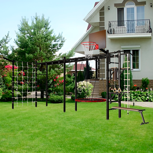 Уличная шведская стенка Sv Sport рукоход х 2 с комплектом турник прямой и сеткой У52855К (ступени Чёрные / Качели-гнездо 1.0м)