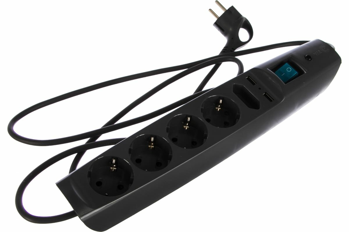 Сетевой фильтр ЭРА SFU-5es-2m-B с заземлением с выключателем 5 розеток 2м 2xUSB 10А черный
