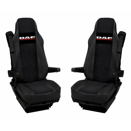 Авточехлы на грузовик DAF XF 95/105 CF, LF до 2012г из чёрной экокожи и чёрной алькантары с бежевым ромбом