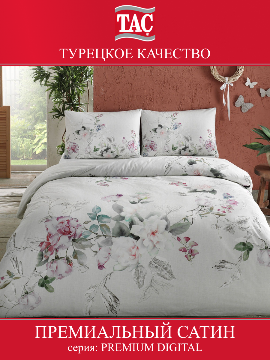 фото Постельное белье TAC "Lucina" Premium Digital евро комплект, сатин, пудра-ментол, цветы, Турция