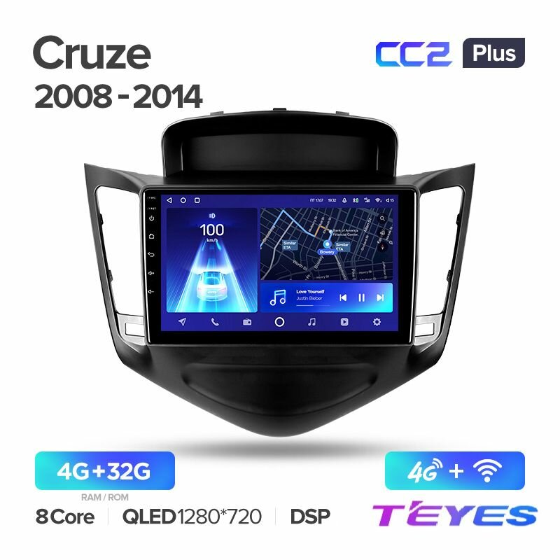 Магнитола Chevrolet Cruze J300 2008-2014 Teyes CC2+ 4/32GB Тиайс, штатная магнитола, 8-ми ядерный процессор, QLED экран, DSP, 4G, Wi-Fi, 2 DIN