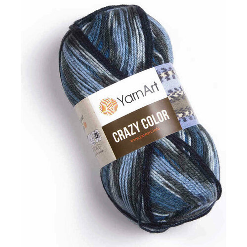 Пряжа Yarnart Crazy Color черный-голубой-серый (174), 75%акрил/25%шерсть, 260м, 100г, 3шт