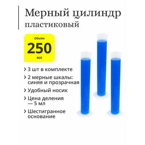 Мерный цилиндр пластиковый, 250 мл, синяя шкала (3 шт.)