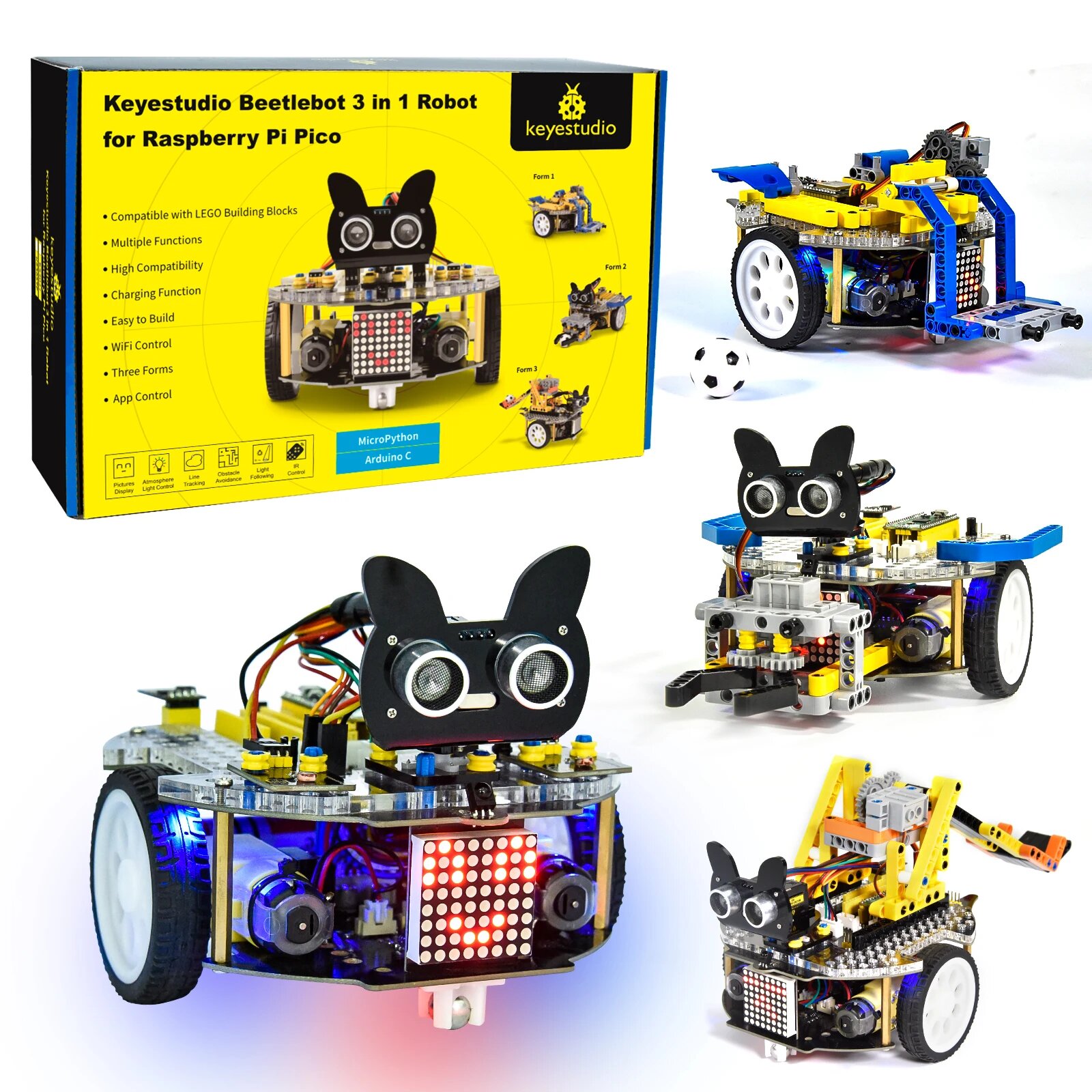 Робот-автомобиль Keyestudio Beetlebot 3 в 1, 11 проектов для Arduino Robot ESP32 и Raspberry Pi Pico STEM, набор для самостоятельного программирования — фото 1