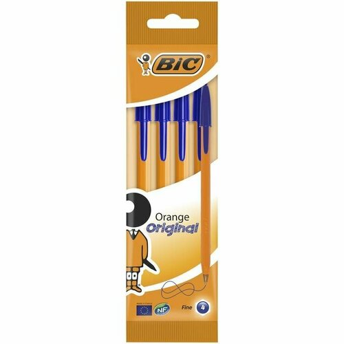 Набор ручек шариковых BIC Orange Fine, 4 штуки, узел 0.8 мм, чернила синие, тонкое письмо, оранжевый корпус (комплект из 5 шт)