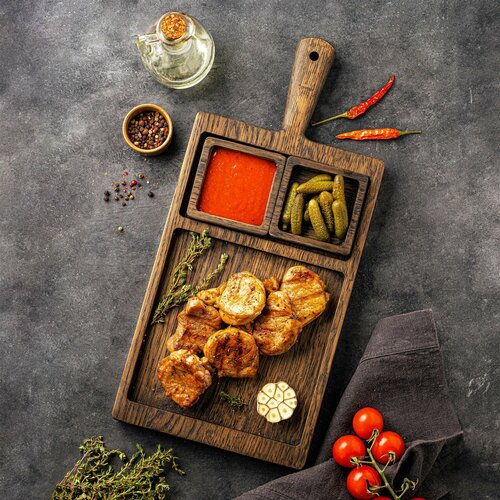 Деревянная сервировочная доска из дуба для подачи шашлыка, мяса, рыбы, суши, роллов/Разделочная доска для сервировки из дерева