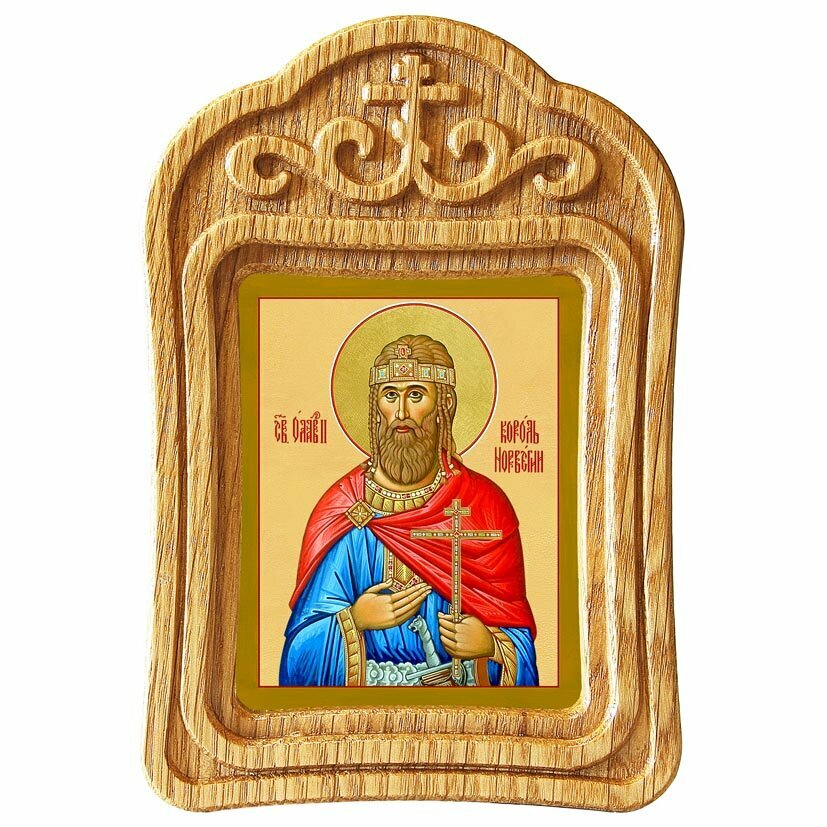 Святой Олаф II Харальдссон, король Норвегии, икона в резной деревянной рамке