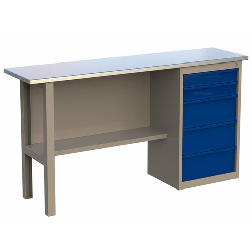 Стол верстак слесарный металлический с тумбой с 5 ящиками, 1600 мм, CompactLine, Wellmet 1600CL5