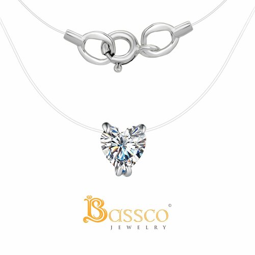 Колье Bassco BASSCO, Серебряное колье на леске с фианитом в виде сердца, колье невидимка, серебро родированное 925., серебро, 925 проба, родирование, длина 38 см., серебряный