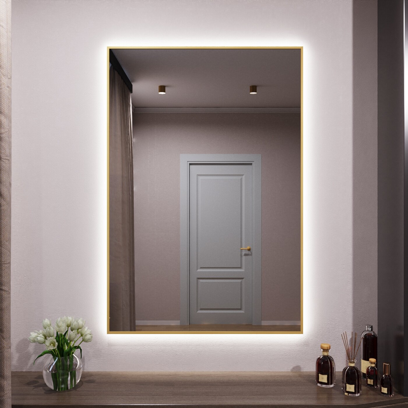 Зеркало с подсветкой в алюминиевой раме настенное Market-house 120х90 см. Свет: Нейтральный Белый 6000К. Золото