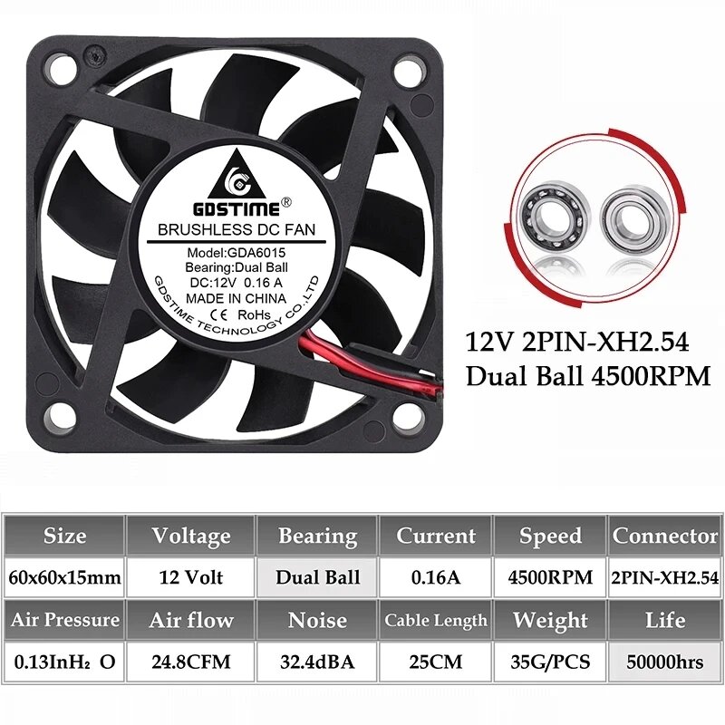 Вентиляторы Gdstime GDA6010 60 мм 5В 12В 24В 12V Two Ball 4500RPM