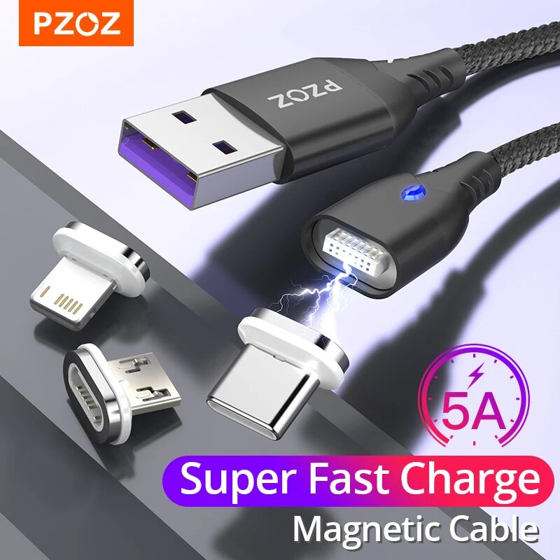 PZOZ 5А Магнитный кабель типа C супер быстрая зарядка Micro USB кабель USB C магнитное зарядное устройство для iPhone Huawei Xiaomi телефонный провод шнур, Black 1m For Micro, 1m — фото 1