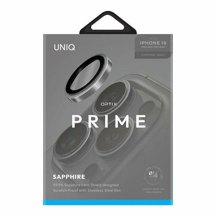 Защита объектива камеры стальной обод и сапфировое стекло UNIQ OPTIX PRIME IPHONE 16 Pro/ 16 Pro Max, (GREY)