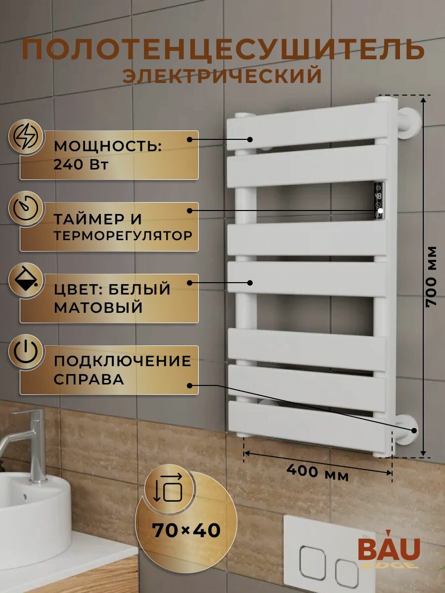 Полотенцесушитель электрический дизайнерский BAU Spectrum White 70х40, подключение справа, белый матовый