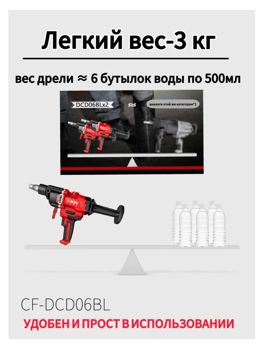 Дрель алмазного бурения (сверления) JINDU CF-DCD06BL насос и шланг в подарок, дрель ручная бесщеточная — фото 1