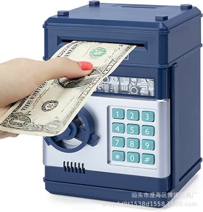 Копилка-сейф Piggy Bank, для детей, темно-синяя, 13x13x19 см