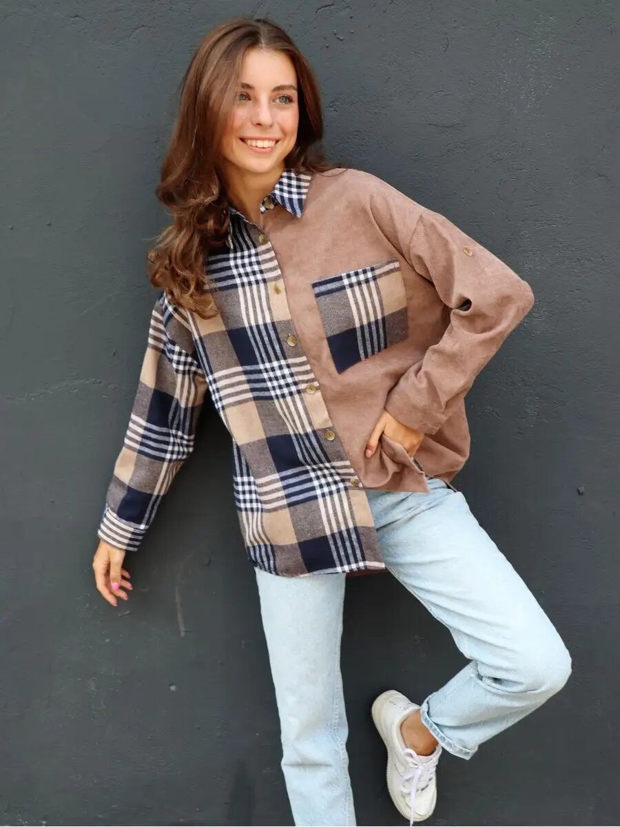 Рубашка Lady Gina вельветовая в клетку оверсайз, размер 50-52, черный, белый, бежевый, коричневый — фото 1