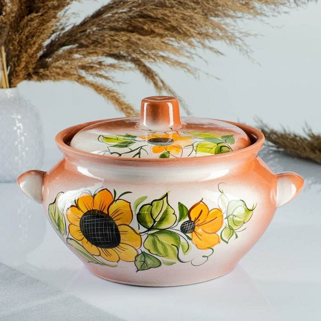 Жаровня Кунгурская керамика  Подсолнух   керамика  3л  круглая  коричневая