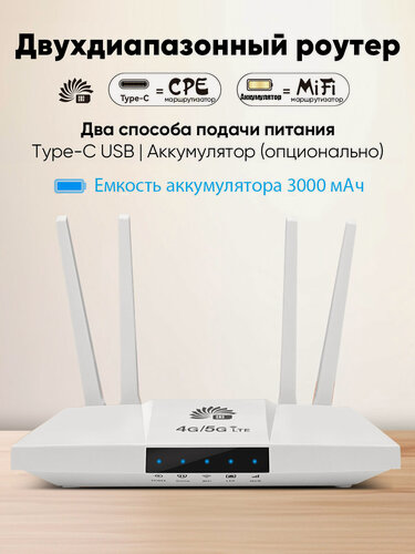 Изображение товара WI-FI роутер с поддержкой сим-карт, wifi роутер для дома, 4G 5G LTE роутер с аккумулятором 3000 mAh, усилитель wifi сигнала, вай фай роутер