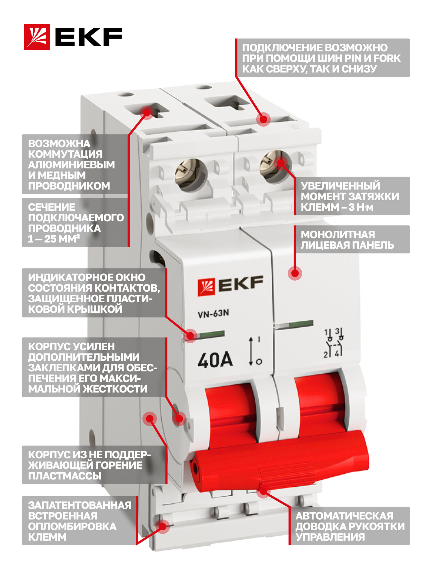 Выключатель нагрузки EKF PROxima ВН-63N 40А двухполюсный 2P (рубильник на DIN-рейку) однофазный — фото 1