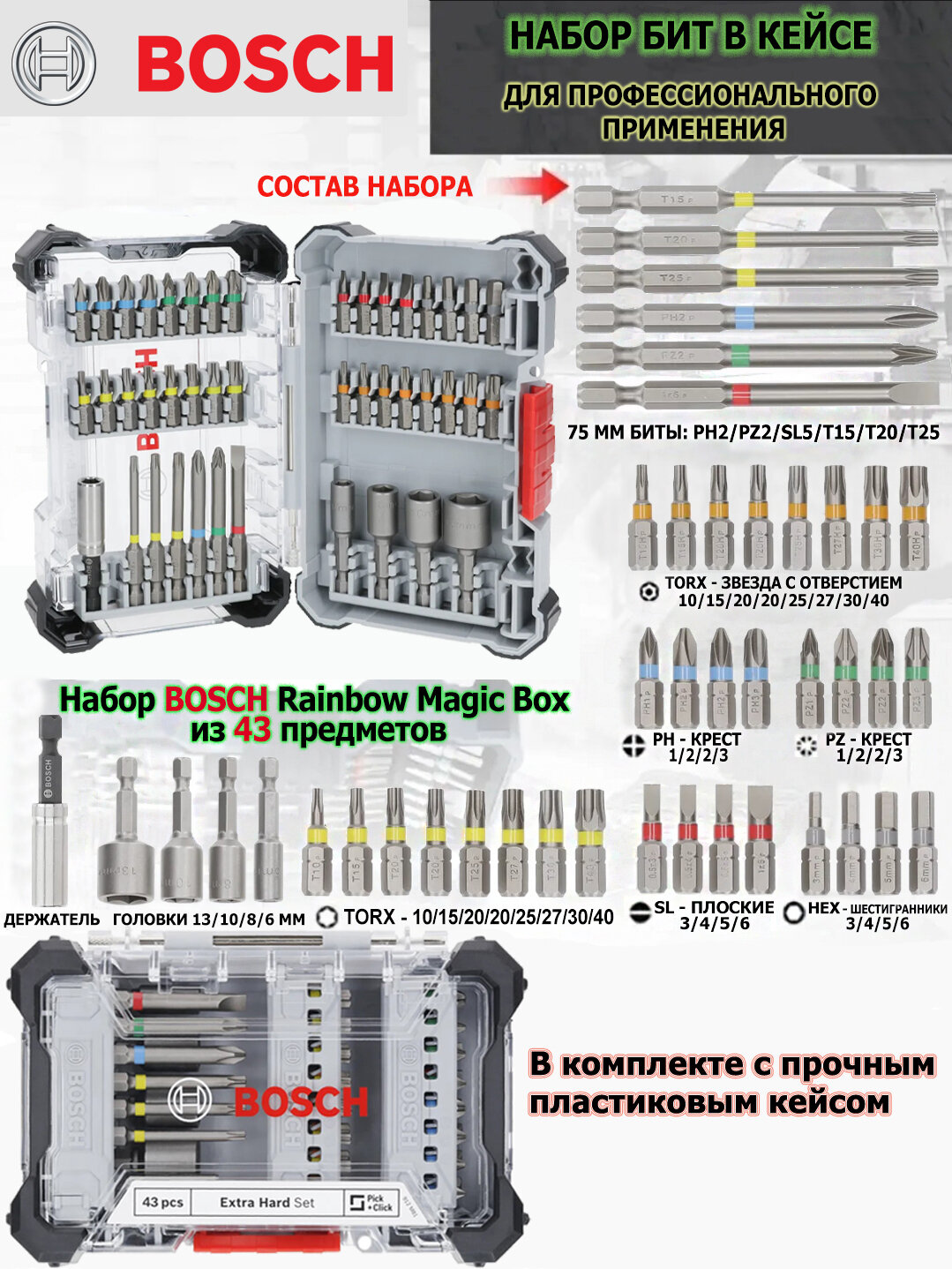 Набор бит и головок Bosch из 43 предметов в пластиковом кейсе