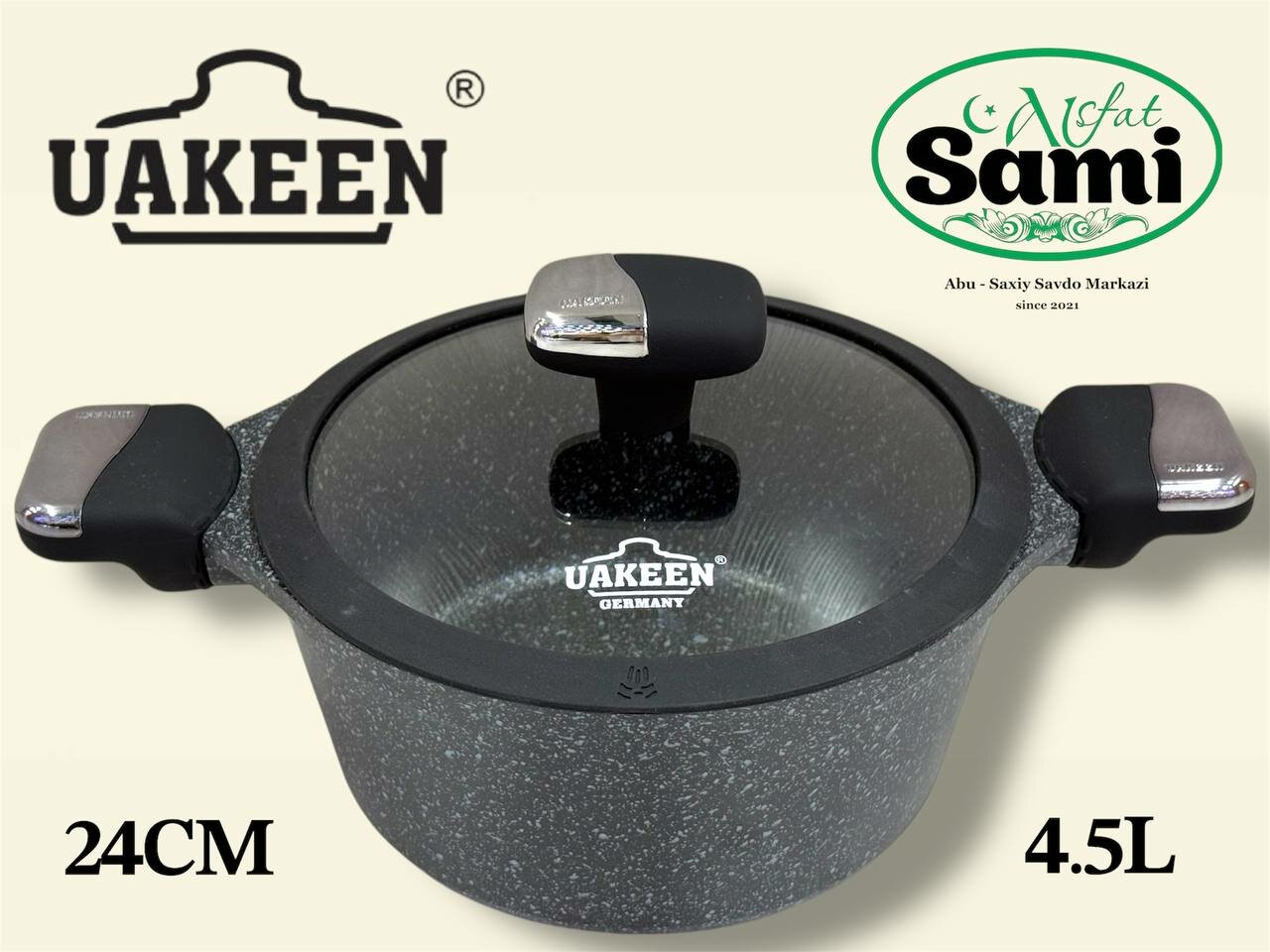 Казан UAKEEN VK-T1824, керамический, гранит, для индукции, антипригарный, 4.5 л, черный