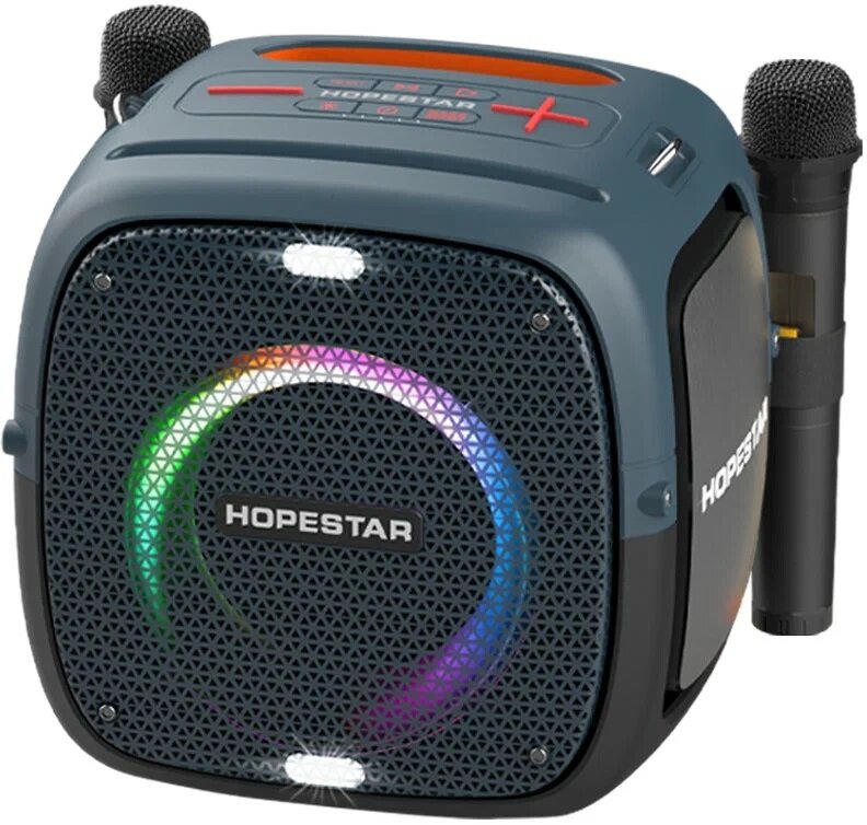 Портативная Bluetooth Колонка Hopestar Party One 80 Вт, с двумя беспроводными микрофонами/без штатива/портативная акустика /блютуз колонка (Синяя)