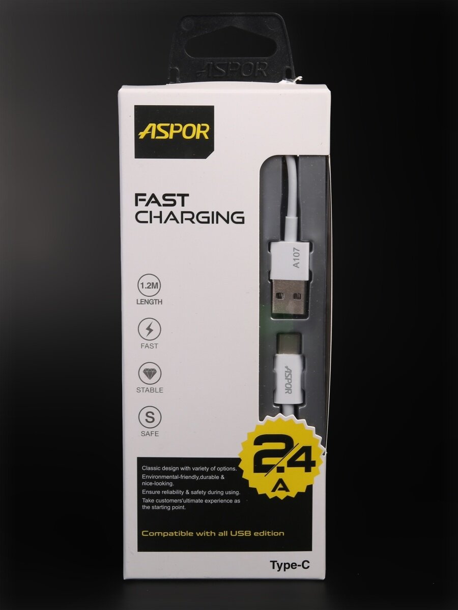 Кабель USB - Type-C для быстрой зарядки ASPOR A107 1,2м белый