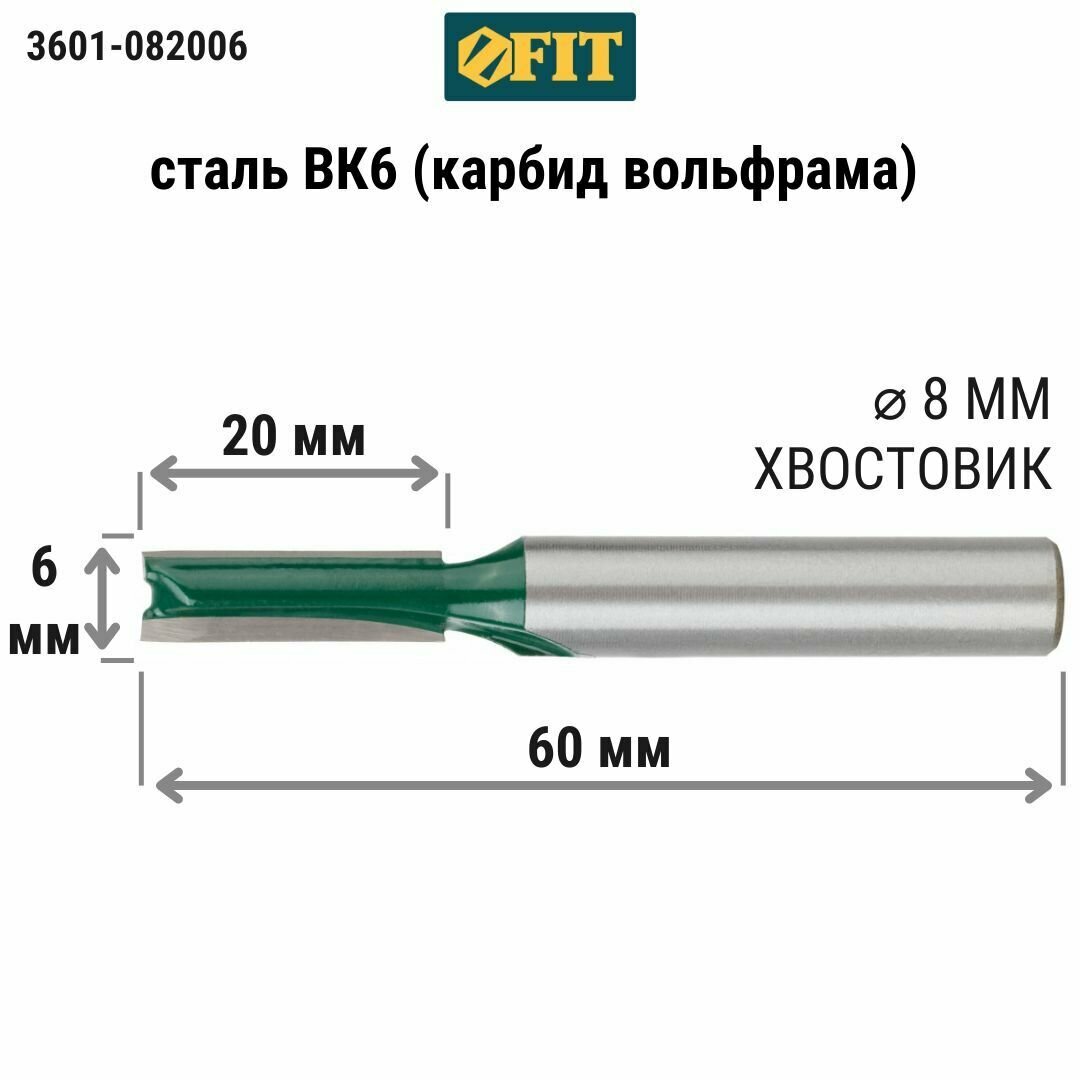 Фреза FIT 3601-082006 пазовая прямая с двойным лезвием DxHxL=6х20х60мм