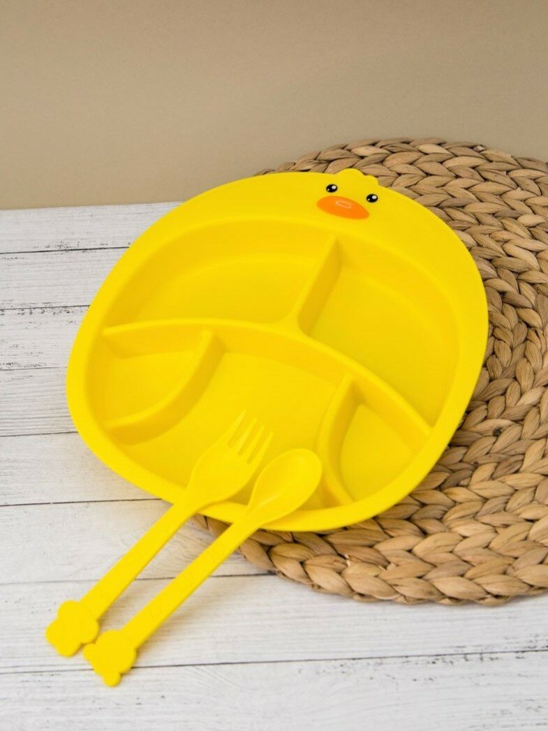 фото Тарелка пластиковая секционная Duck yellow с ложкой и вилкой