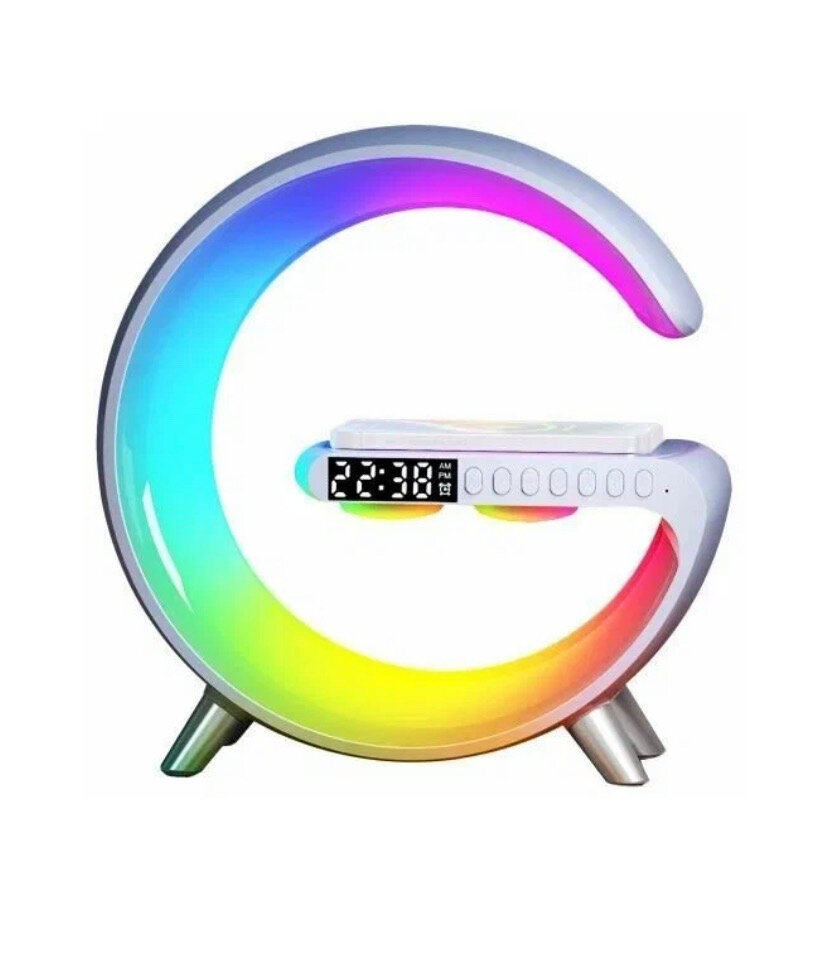 Умный светильник 5в1, Беспроводное зарядное устройство , умная Bluetooth-колонка с будильником, светодиодная настольная лампа ночник RGB 15 Вт, Белый