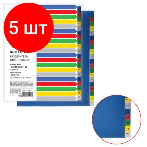 Комплект 5 шт, Разделитель пластиковый широкий BRAUBERG А4+, 20 листов, цифровой 1-20, оглавление, цветной, 225623