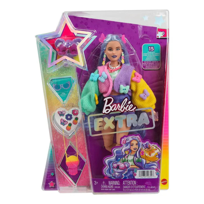 Barbie Extra Doll 20 - Кукла Барби Экстра 20 в лавандовом свитере с бабочками и питомцем Коала. HKP95