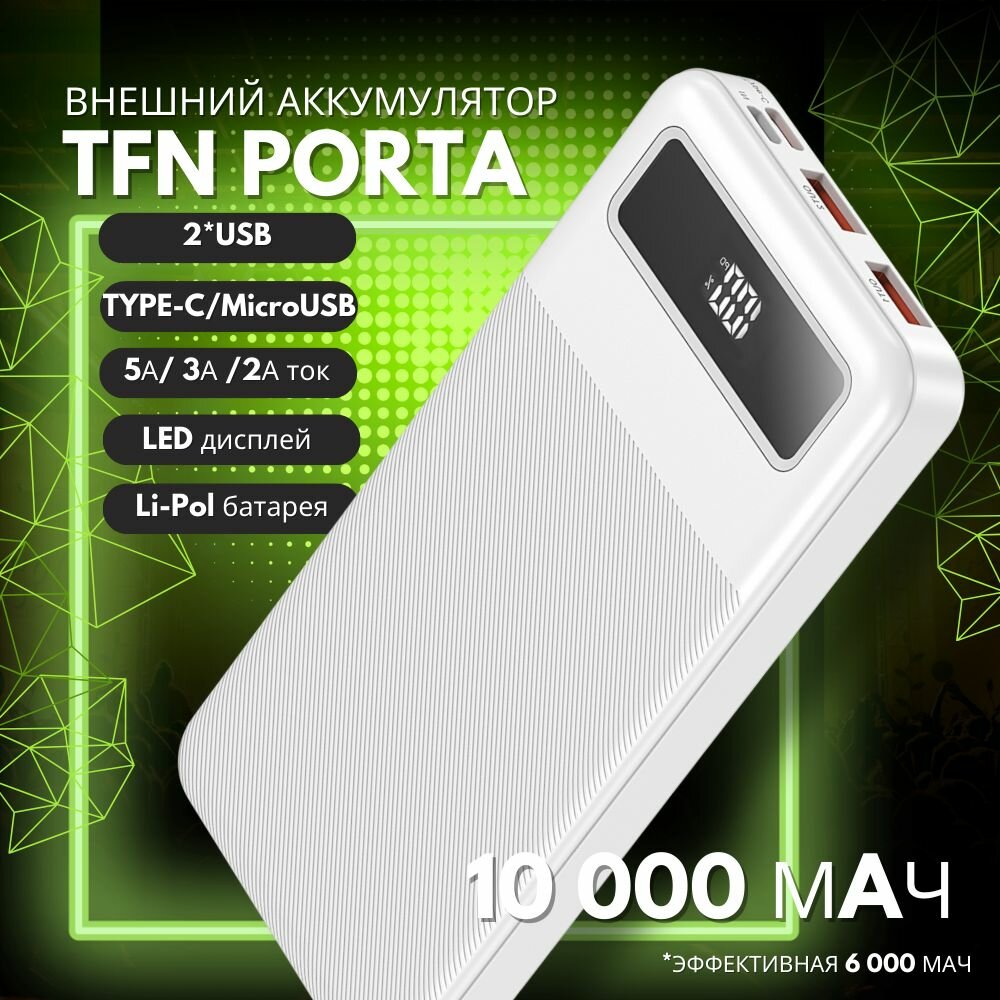 Внешний аккумулятор с быстрой зарядкой 10000mAh TFN Porta / повербанк с дисплеем