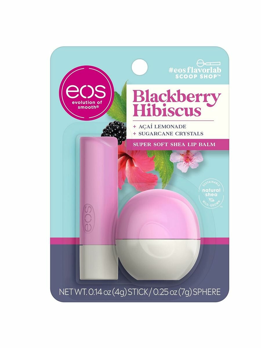 Бальзам для губ EOS Lip Balm Blackberry Hibiscus/ Ежевика и гибискус, 2 шт. в упаковке, 11 г