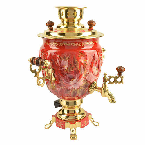 Самовар электрический 3 литра с художественной росписью «Пионы на красном в золоте» формы «Жёлудь»