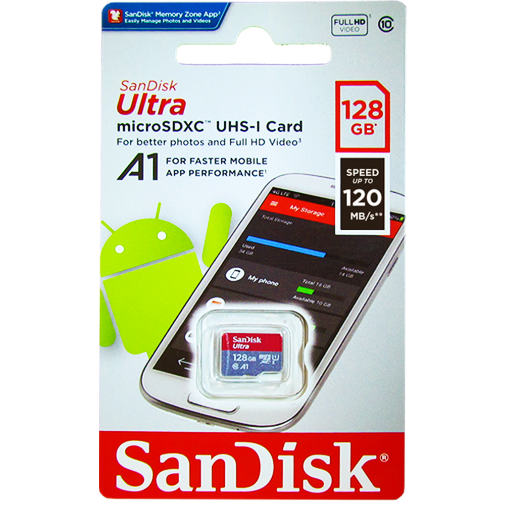 128GB Карта памяти MicroSD SANDISK Class 10 Ultra UHS-I (100 Mb/s) без адаптера (SDSQUNR-128G-GN3MN)