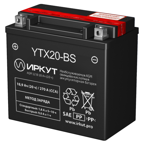 Мото аккумулятор иркут YTX20-BS (12В 18.9Ач 270А 175х87х154) прям. пол.