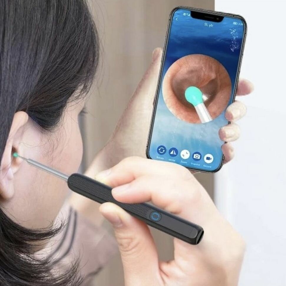 фото Портативная ушная палочка, отоскоп с мини камерой и набором насадок. Черный.