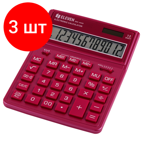 Комплект 3 шт, Калькулятор настольный Eleven SDC-444X-PK, 12 разрядов, двойное питание, 155*204*33мм, розовый калькулятор eleven настольный 12 разрядов двойное питание 155х204х33 мм розовый sdc 444x pk