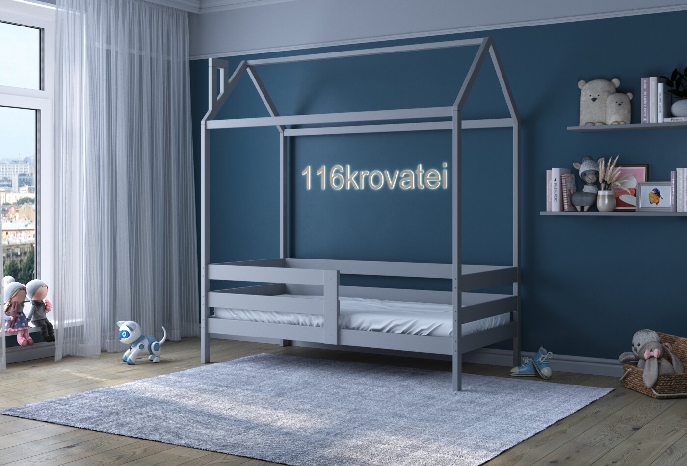 фото Кровать-софа 140*70 с амбарной крышей, передним бортиком натуральная